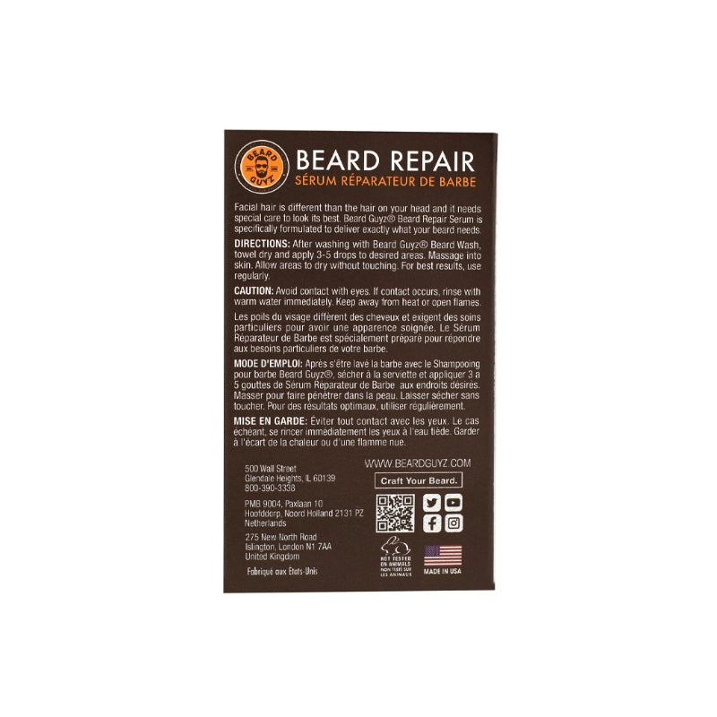 Beard Guyz beard repair serum box back label with directions and ingredient info on brown packaging