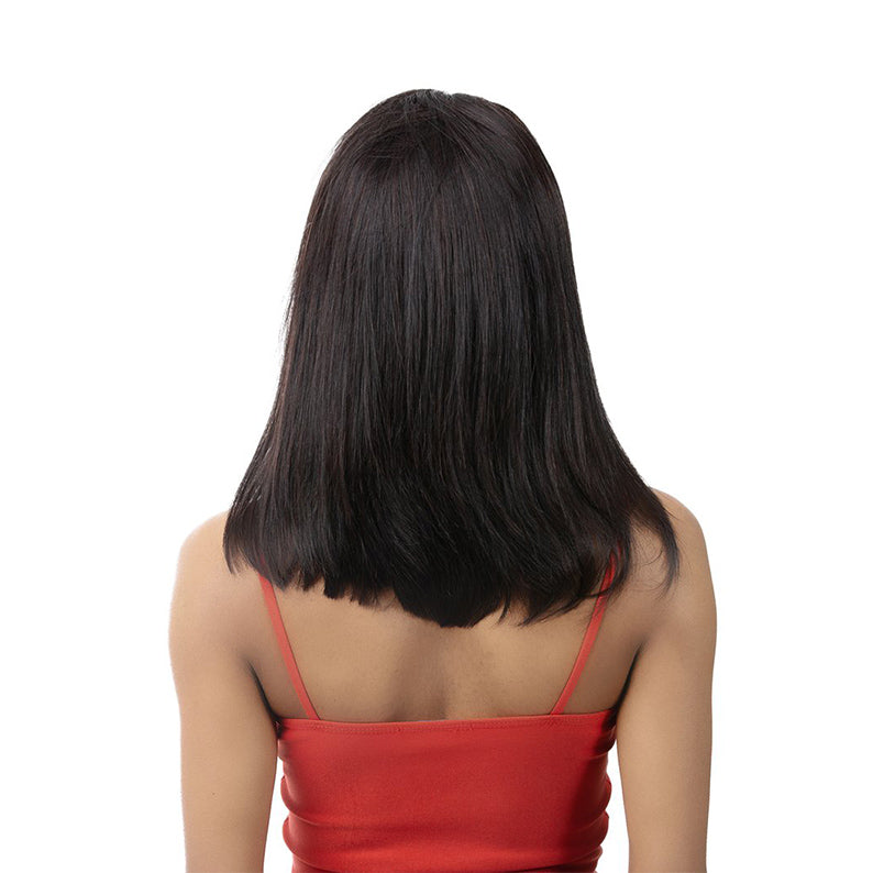 Back view of model wearing 13x4 lace front bob wig human hair in straight natural black shoulder length