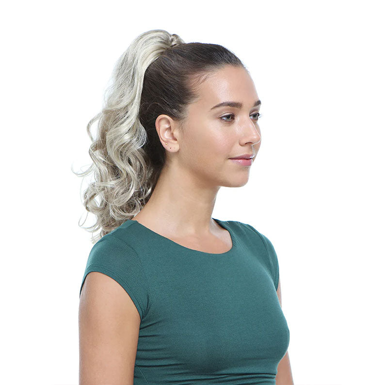 HAIR COUTURE drawstring ponytail with claw clip ash blonde curly high pony on model