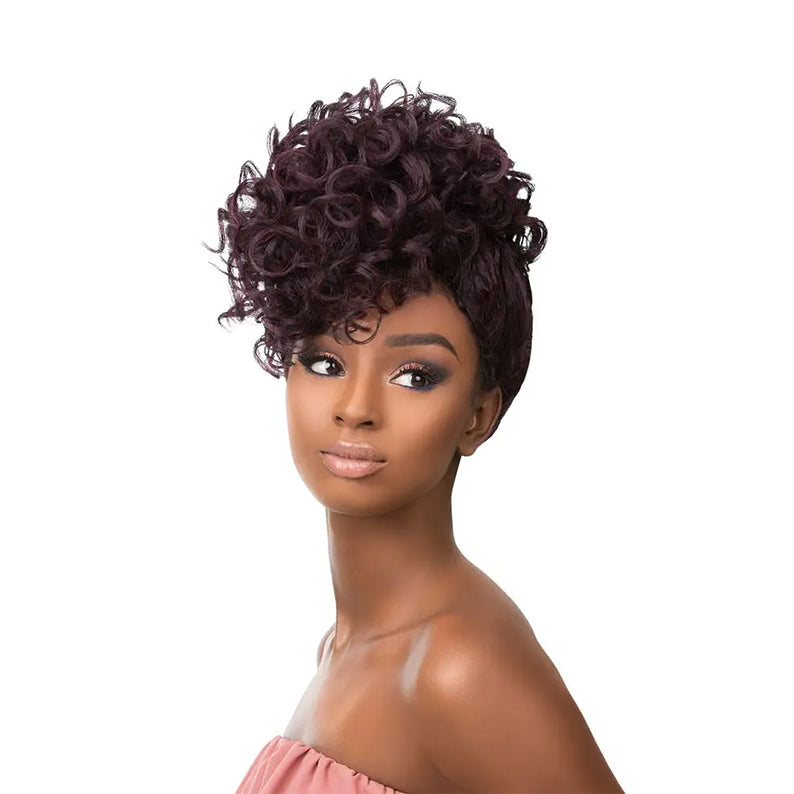 SENSATIONNEL instant fashion synthetic wig burgundy curly pixie updo on model for stylish everyday wear