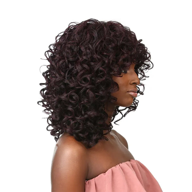 SENSATIONNEL instant fashion synthetic wig deep burgundy shoulder length tight curls with full bangs for everyday style