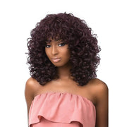 SENSATIONNEL instant fashion synthetic wig burgundy curly shoulder length with bangs on model