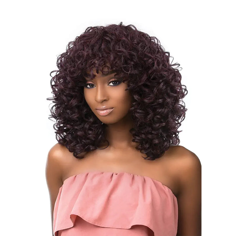 SENSATIONNEL instant fashion synthetic wig burgundy curly shoulder length with bangs on model