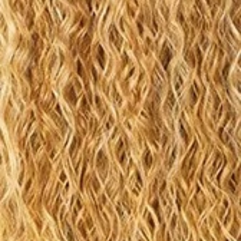 Close up of honey blonde Swiss lace front wig showing crimped wavy synthetic hair texture and color