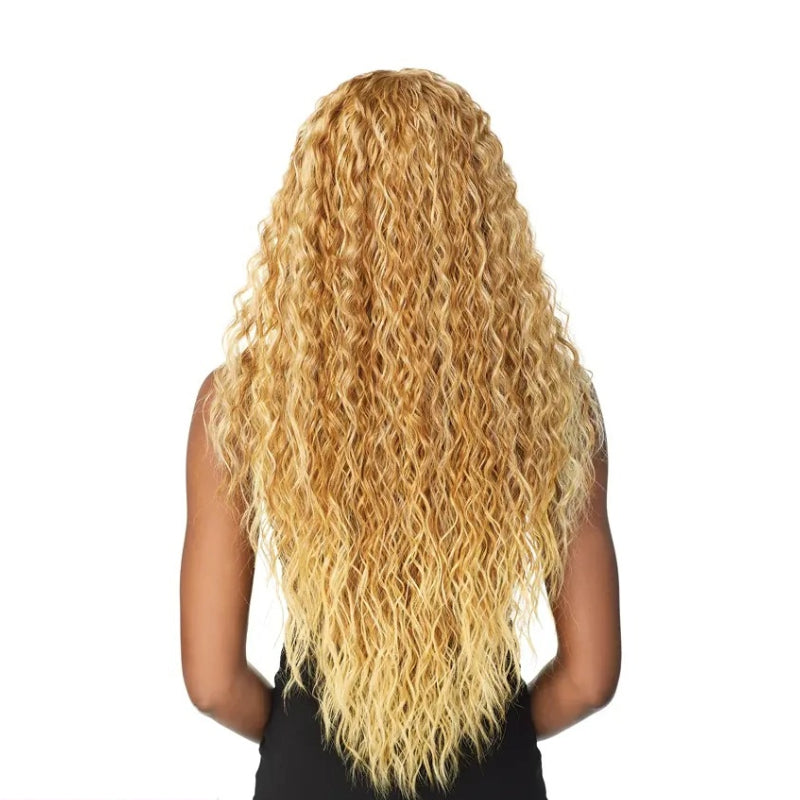 Back view of long curly golden blonde ombre Swiss lace front wig on mannequin torso