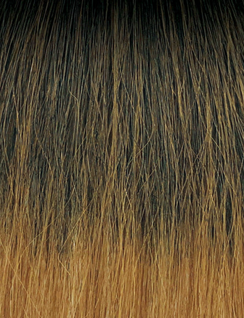 OUTRE ombre dark brown to honey blonde synthetic hair texture close up synthetic wrap pony half wig