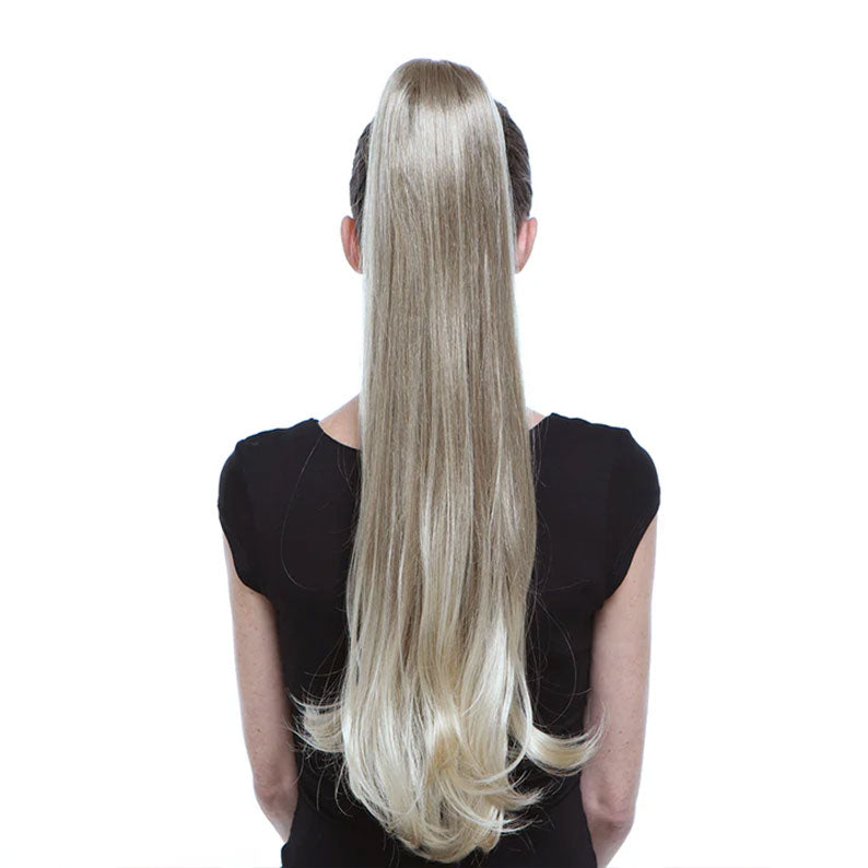 HAIR COUTURE long blonde ombre drawstring ponytail extension attached to high pony, straight with curled ends