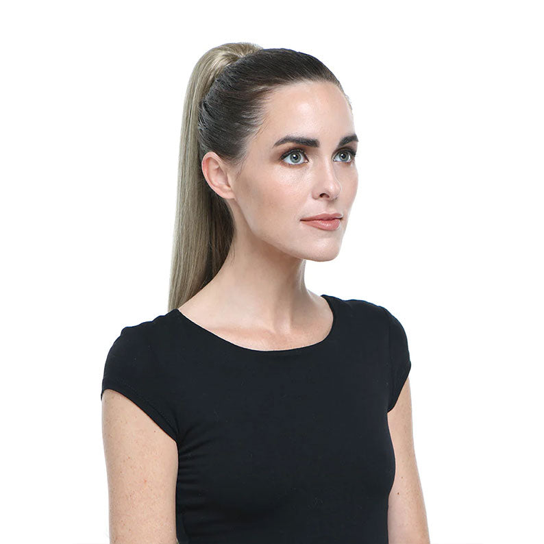 HAIR COUTURE long sleek high ponytail on model showcasing drawstring ponytail extension in ash blonde
