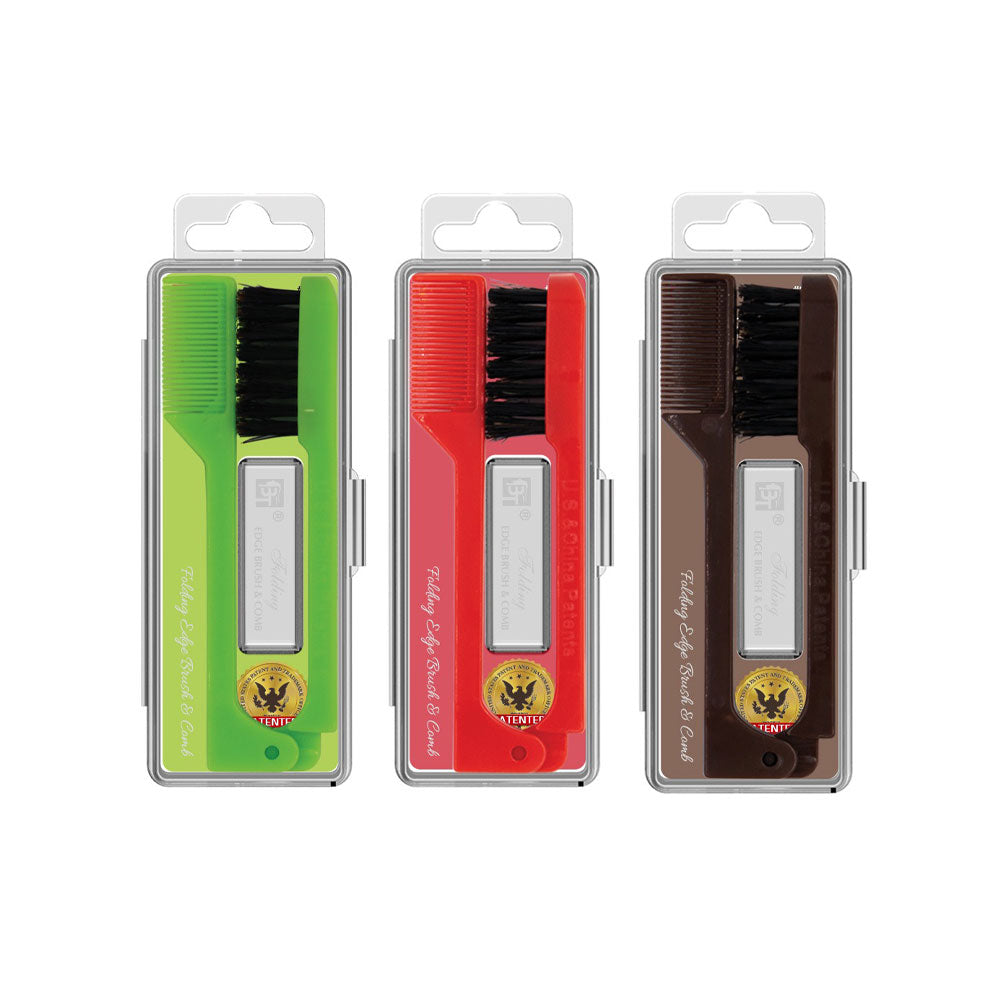 BEAUTY TOWN folding edge brush and comb set in green red and brown compact travel cases with bristle brush