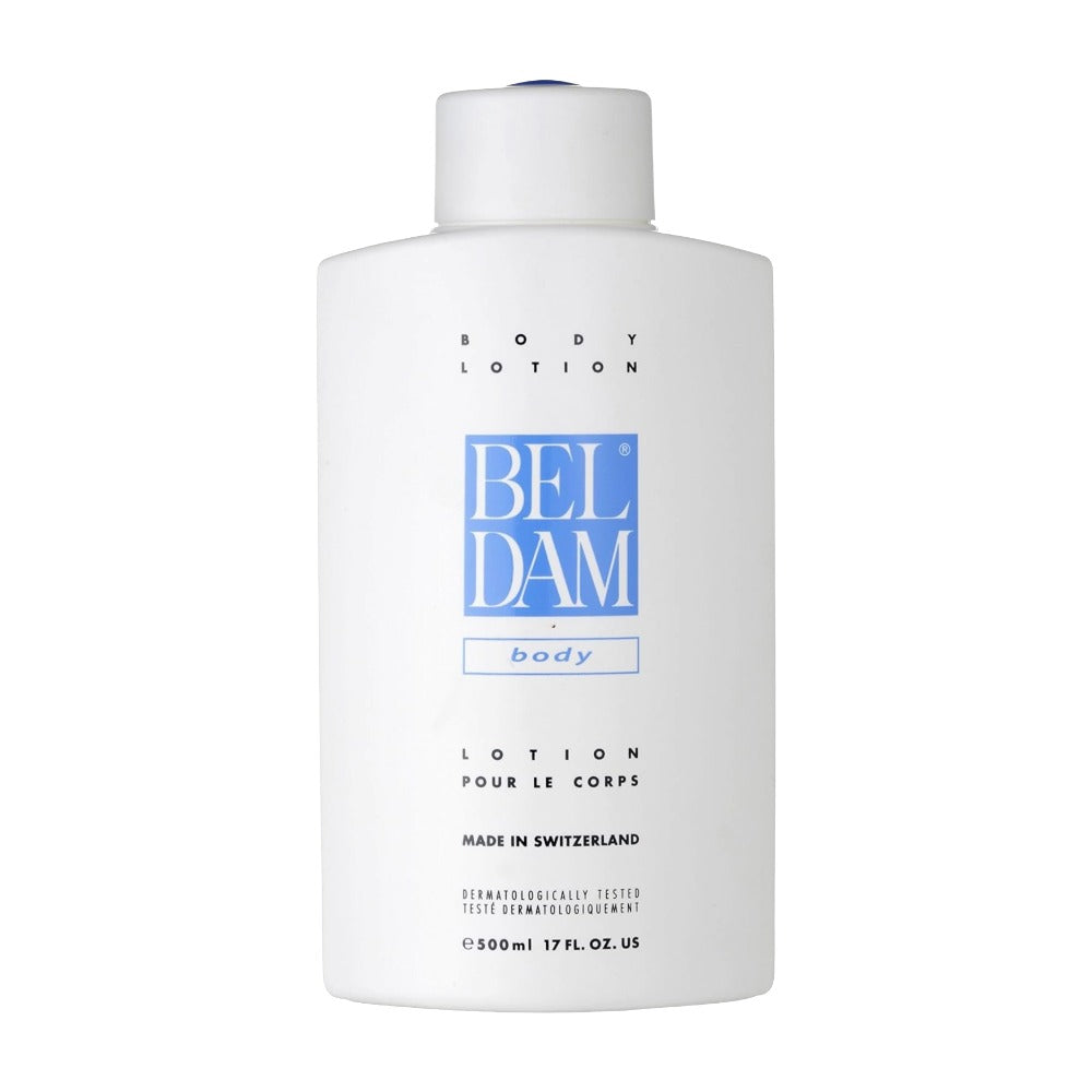 BEL DAM white 500ml bottle of Bel Dam body lotion made in Switzerland for daily moisturizing and soft skin