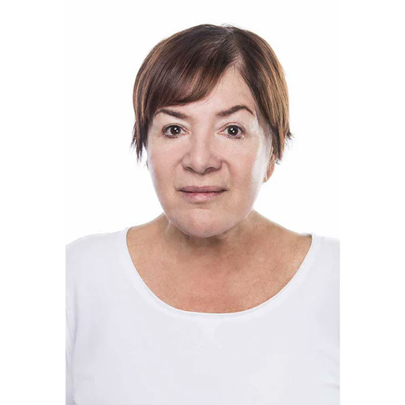 HAIR COUTURE Remy human hair top piece short auburn pixie with soft bangs on mature woman