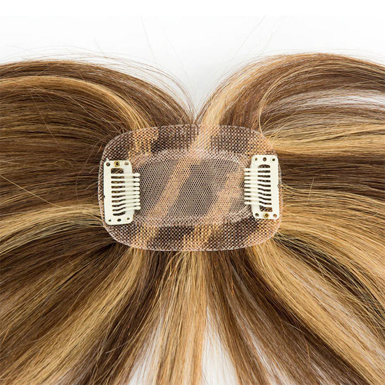 HAIR COUTURE Remy human hair top piece with lace base and two clips in honey brown blonde highlights
