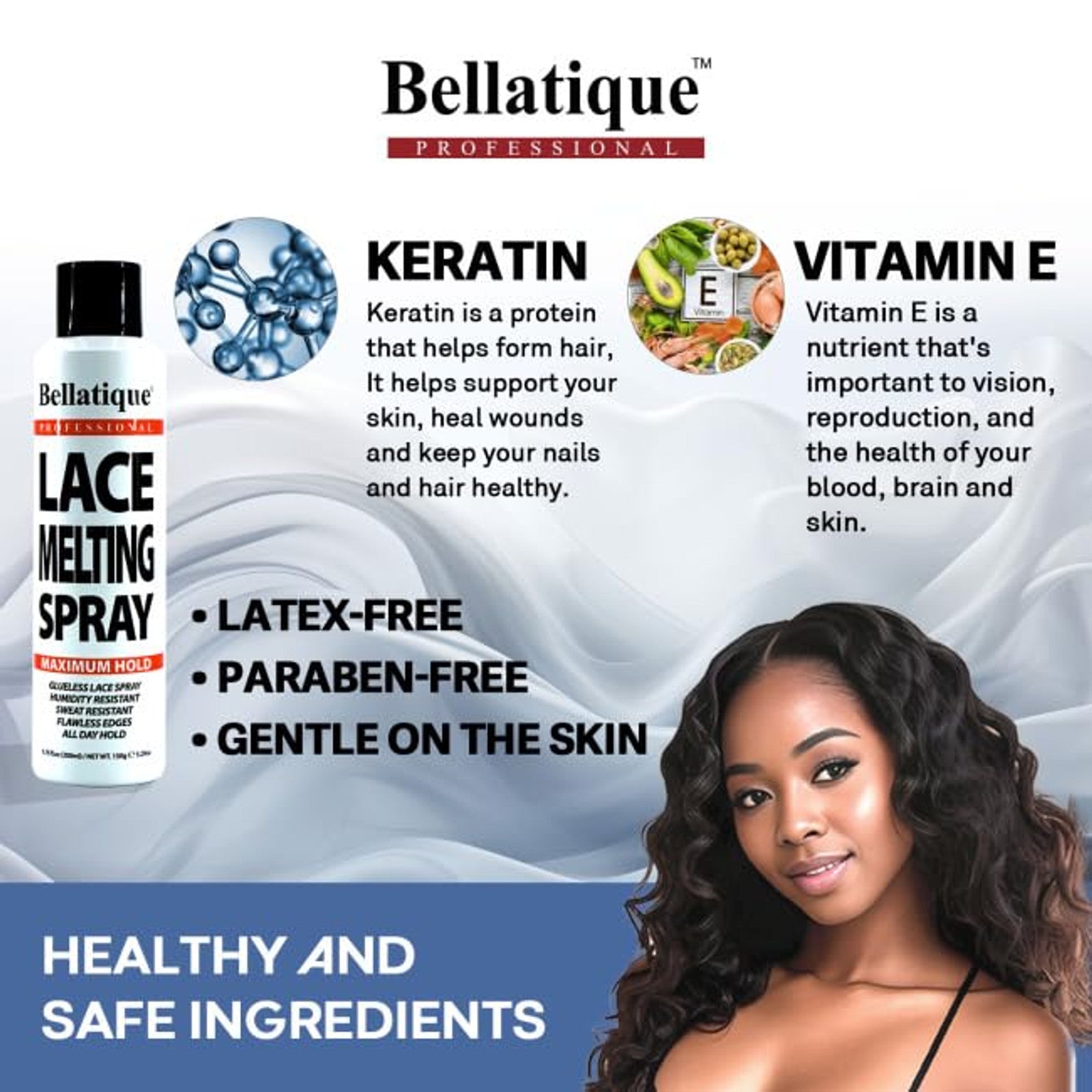 Bellatique lace melting spray maximum hold bottle with keratin and vitamin E latex free formula shown with model