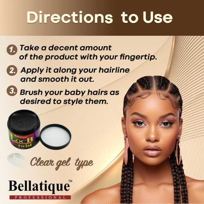 Bellatique loc retwist gel maximum hold clear gel jar with directions and model styling braided locs