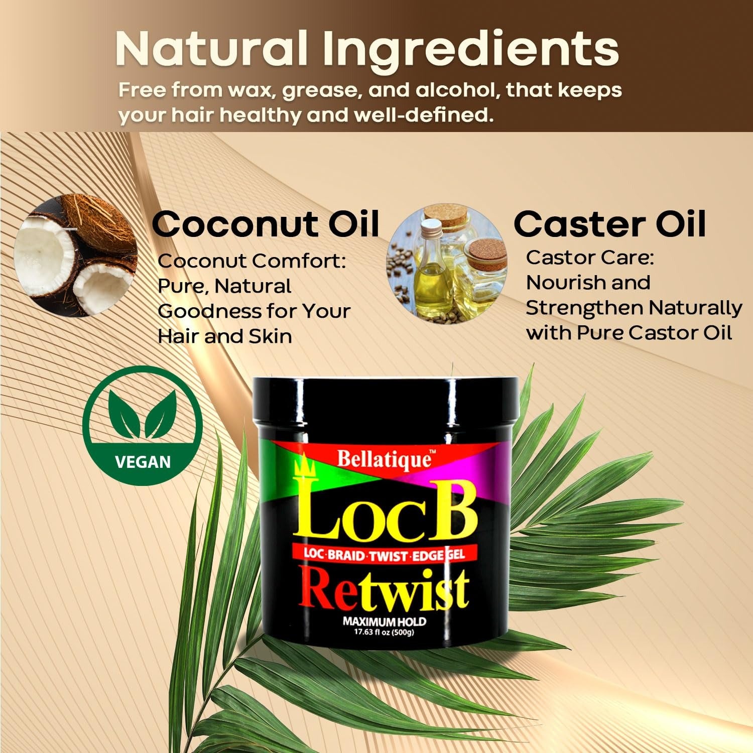 Bellatique LocB jar on tropical leaves with coconut and castor oil icons showing loc retwist gel maximum hold