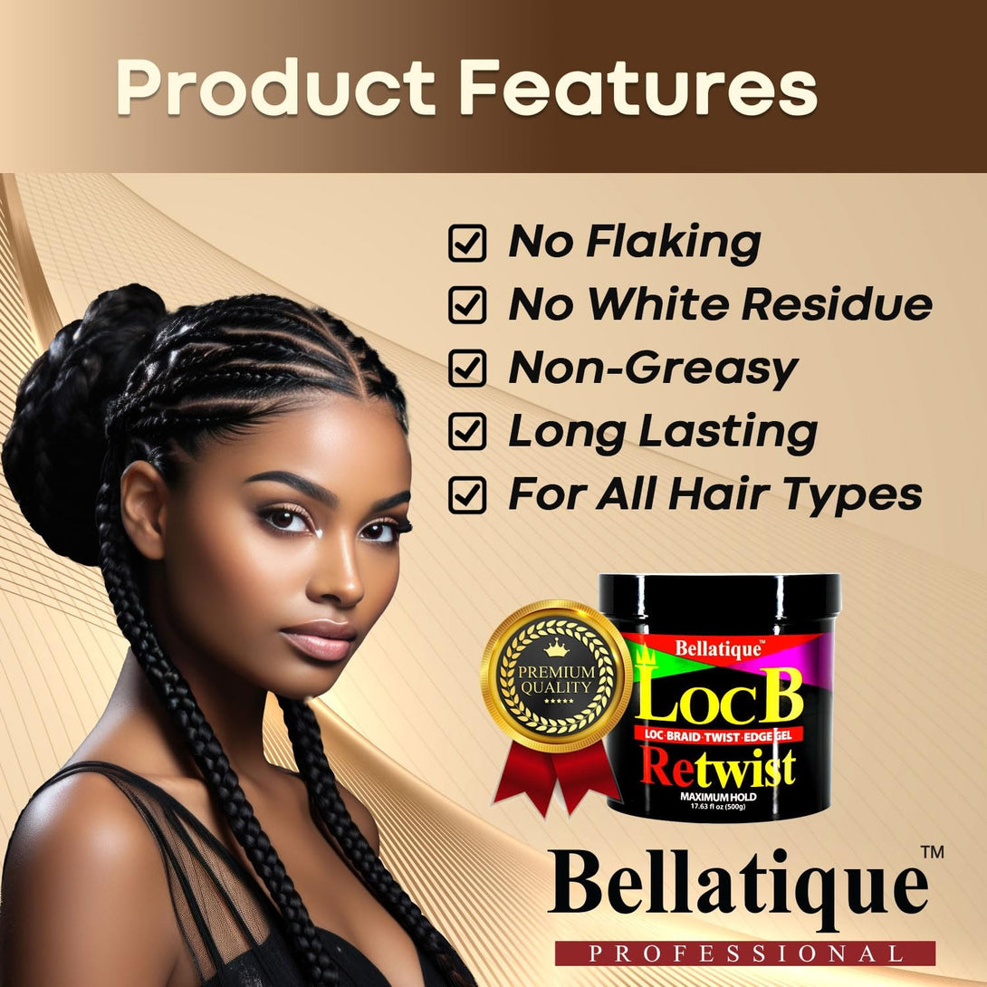 Bellatique loc retwist gel maximum hold jar beside model with long braided locs and product features listed