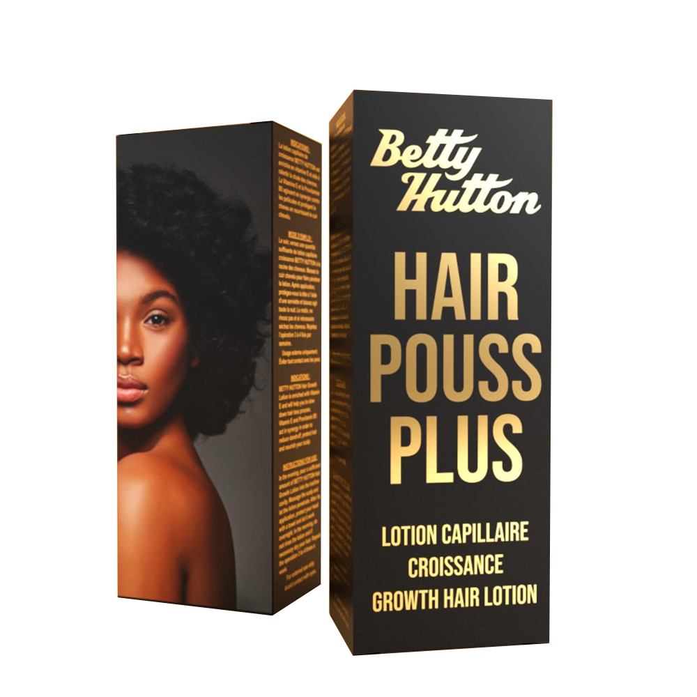 Betty Hutton hair growth lotion for women in black and gold packaging with model on side