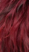 Bff Part Lace Lilia wig in burgundy red wavy synthetic hair texture close up showing layered highlights