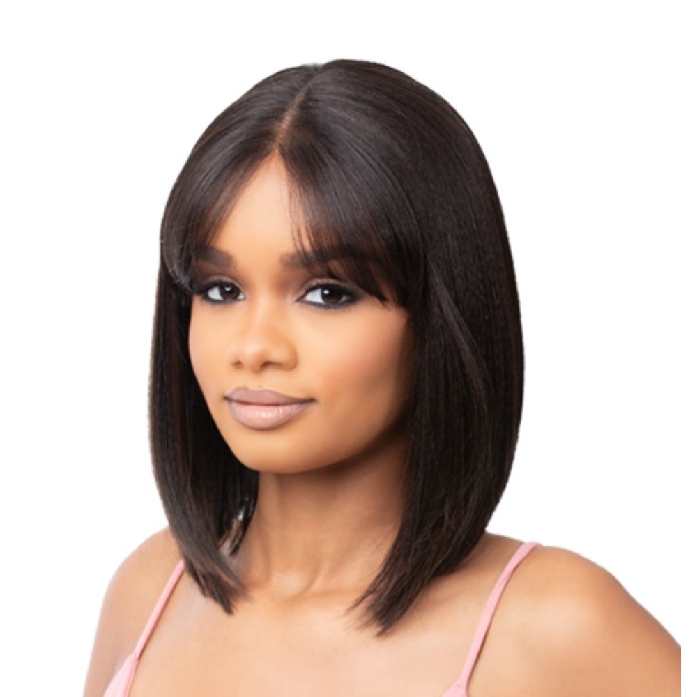 Bff Part Lace Lilia wig straight shoulder length bob with soft curtain bangs in natural black