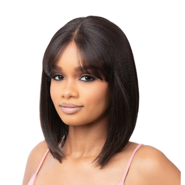 Bff Part Lace Lilia wig straight shoulder length bob with soft curtain bangs in natural black