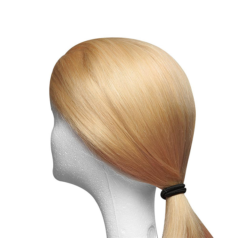 Blonde hair tied with black elastic hair bands on white mannequin head by RED BEAUTY by KISS