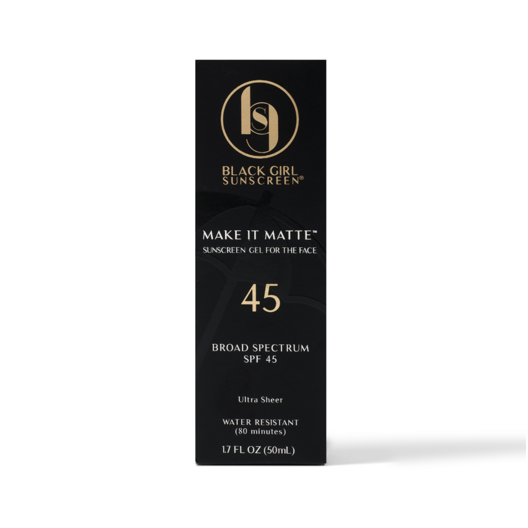 Black Girl Sunscreen SPF 45 Make It Matte face sunscreen gel in black box 1.7 FL OZ water resistant