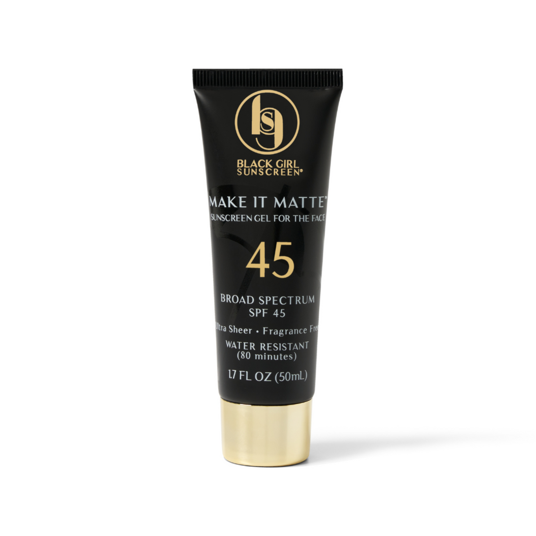 Black Girl Sunscreen SPF 45 Make It Matte facial sunscreen gel in black tube with gold cap 1.7 fl oz