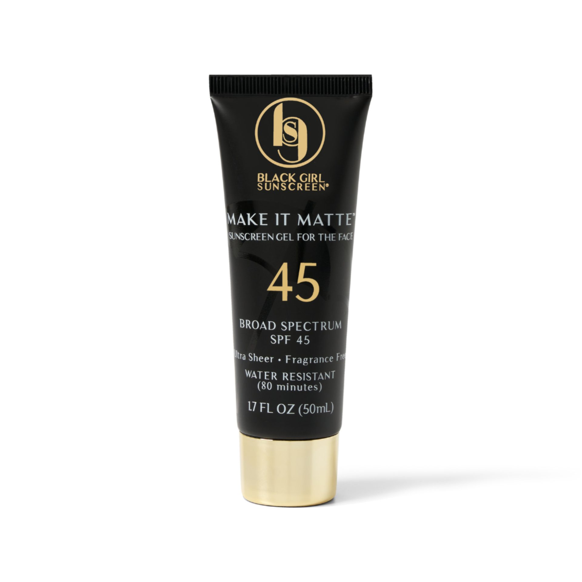 Black Girl Sunscreen SPF 45 Make It Matte facial sunscreen gel in black tube with gold cap 1.7 fl oz