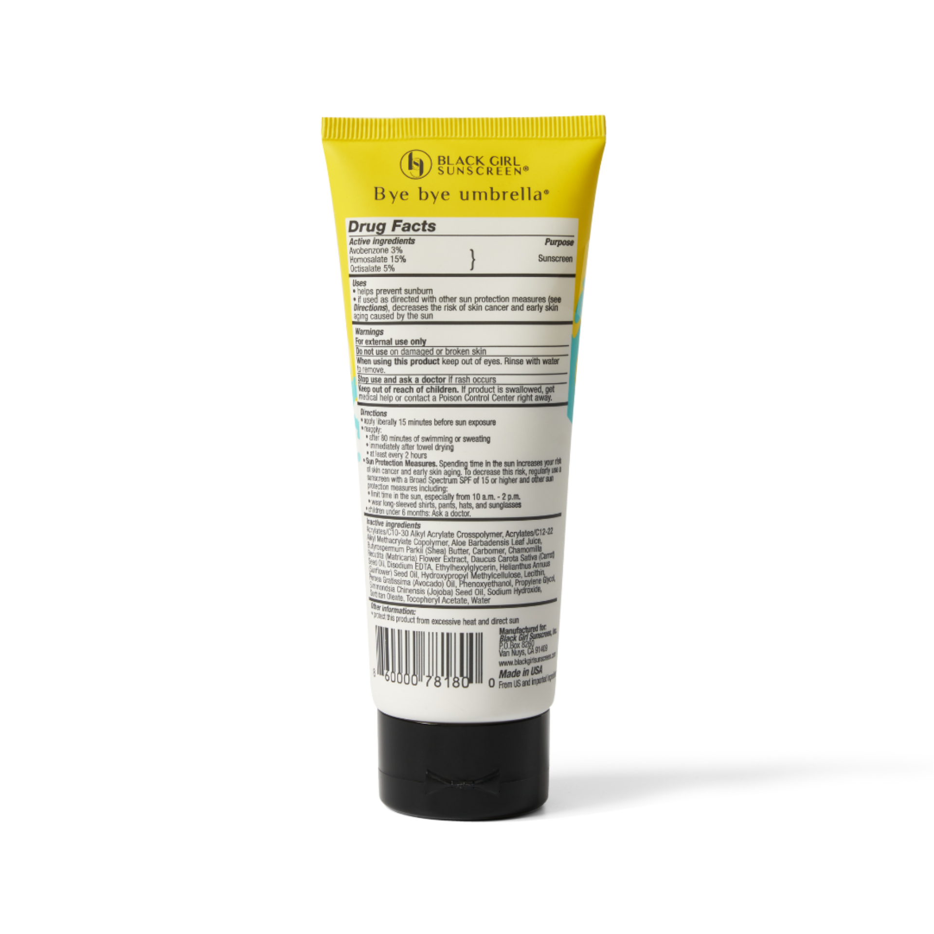Black Girl Sunscreen tube back view showing label and instructions for kids SPF 50 sunscreen lotion