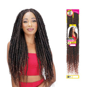 ROYAL IMEX boho braid hair extensions in dark brown with curly ends worn by woman in red top