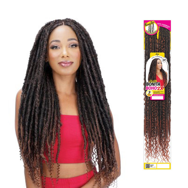 ROYAL IMEX boho braid hair extensions in dark brown with curly ends worn by woman in red top
