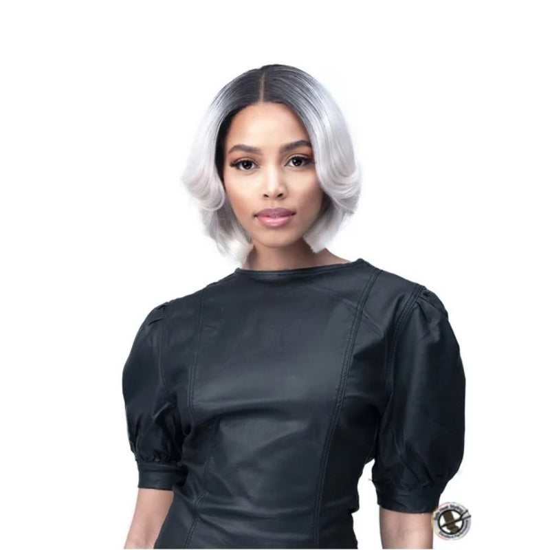 BOBBI BOSS Boss Lace 13X5 HD wig silver gray bob with dark roots center part and soft curled ends