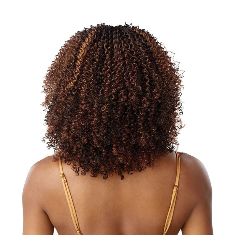 Back view of model wearing SENSATIONNEL Butta Lace HD lace front wig curly brown with honey highlights