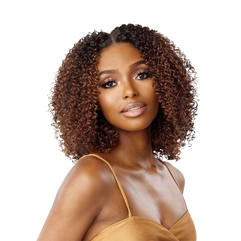Model wearing SENSATIONNEL Butta Lace HD lace front wig curly shoulder length brown ombre natural middle part