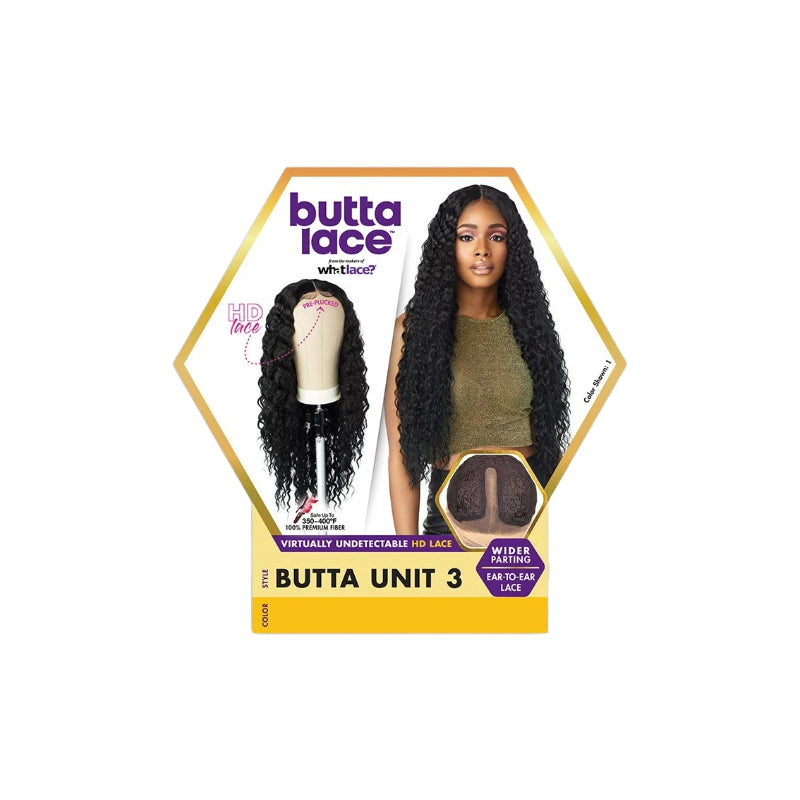 SENSATIONNEL Butta Lace Unit 3 wig packaging showing long curly black wig on mannequin and model