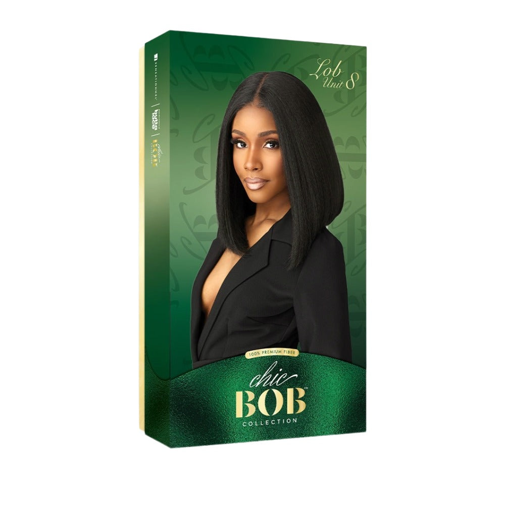 SENSATIONNEL Chic Bob collection box showing model wearing straight shoulder length black chic bob wig for women
