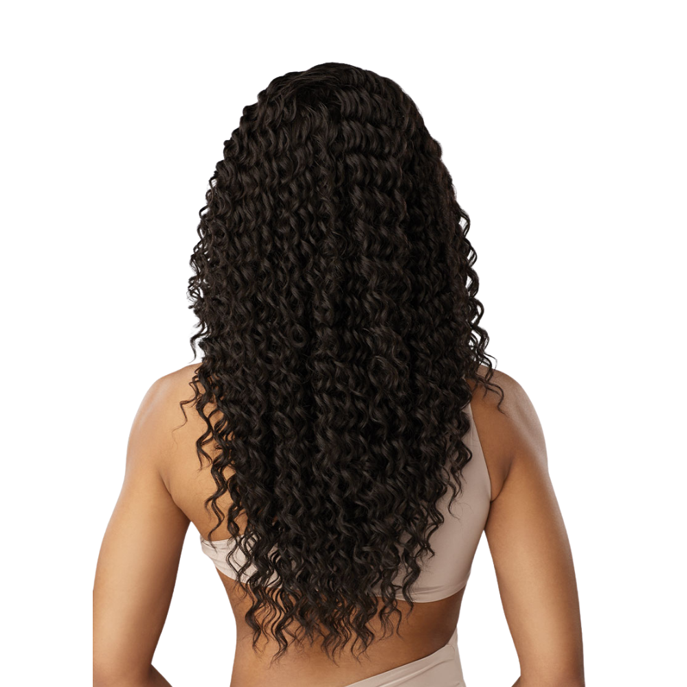 SENSATIONNEL long dark curly wig on model back view pre cut lace front wig with natural volume