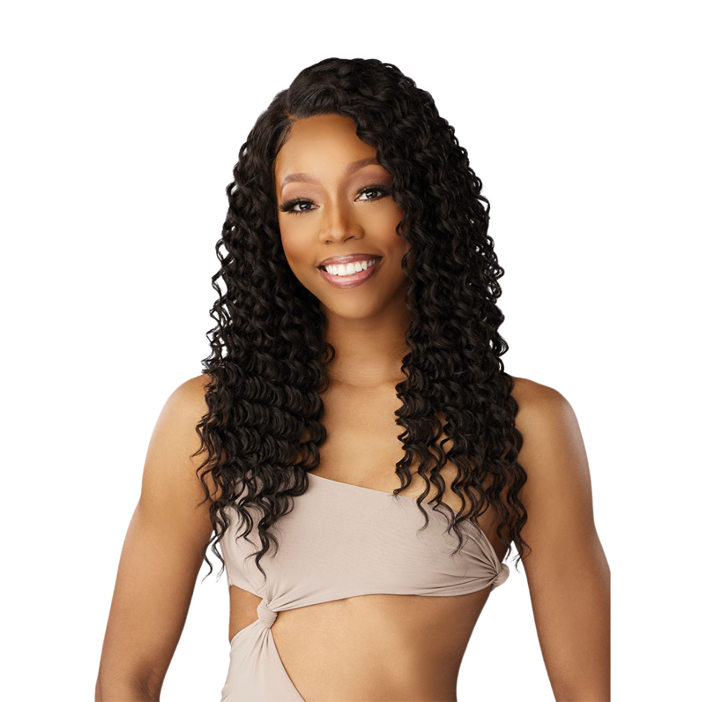 SENSATIONNEL pre cut lace front wig long deep wave black on smiling model with natural hairline
