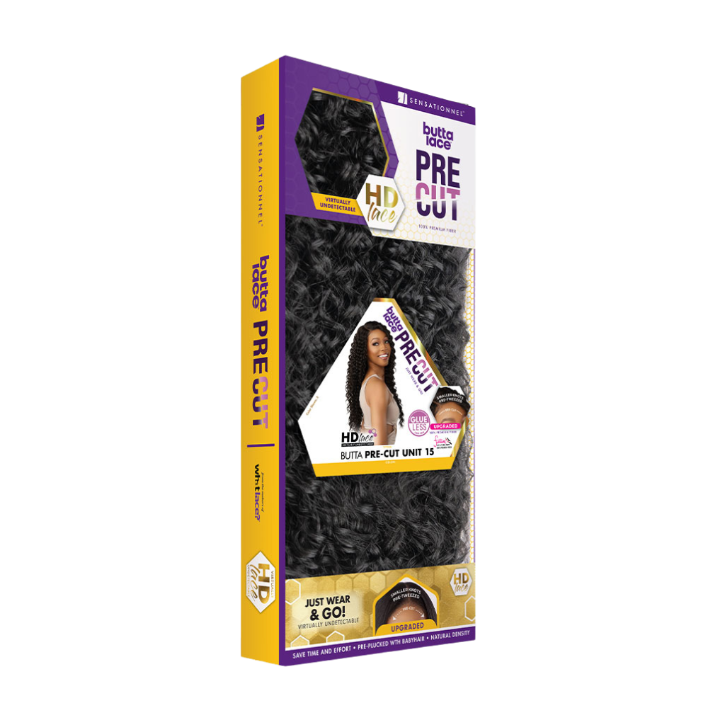 SENSATIONNEL Butta Lace boxed curly black wig with model image and label pre cut lace front wig