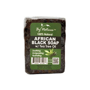 By Natures bar of African black soap with tea tree oil in green labeled wrap for soothing skin care