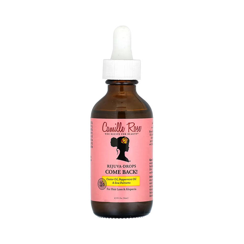 Camille Rose Rejuva Drops amber glass bottle with white dropper and pink label hair treatment oil for scalp and edges