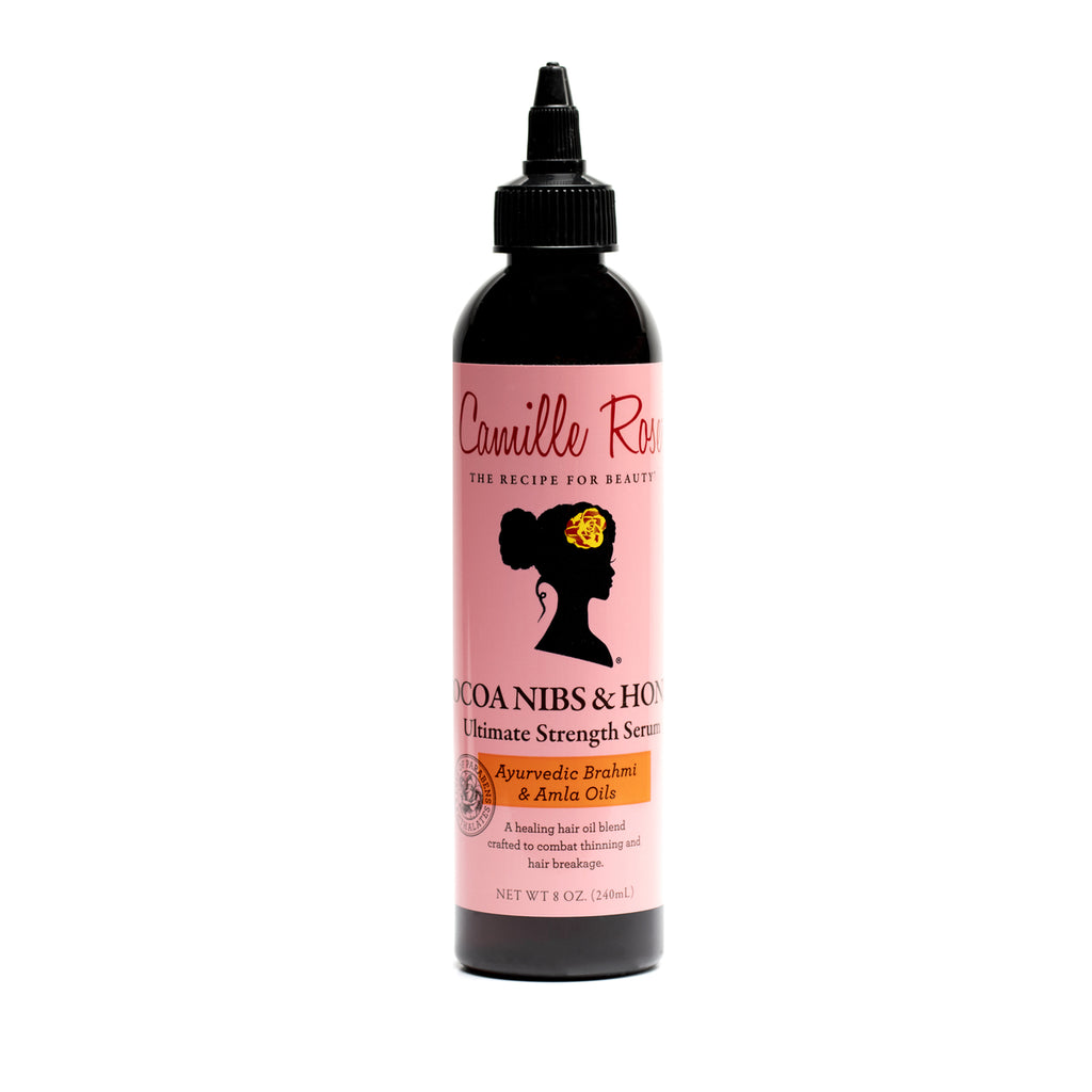 Camille Rose Cocoa Nibs & Honey hair growth serum bottle 8 oz pink label with pointed applicator for scalp