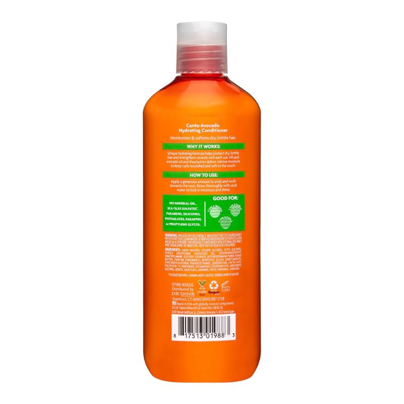 CANTU avocado hydrating conditioner bottle back label with directions ingredients and green callouts