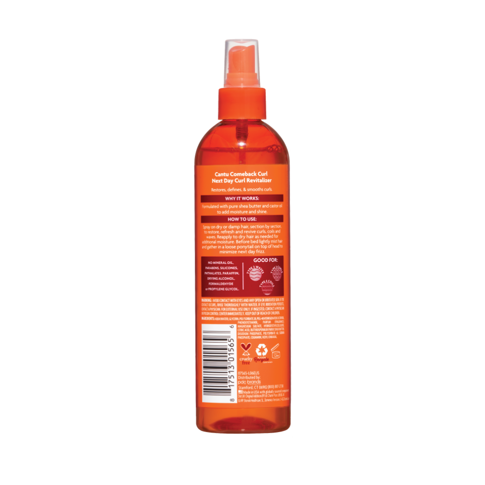 Cantu curl revitalizer for natural hair in an orange spray bottle designed to refresh curls