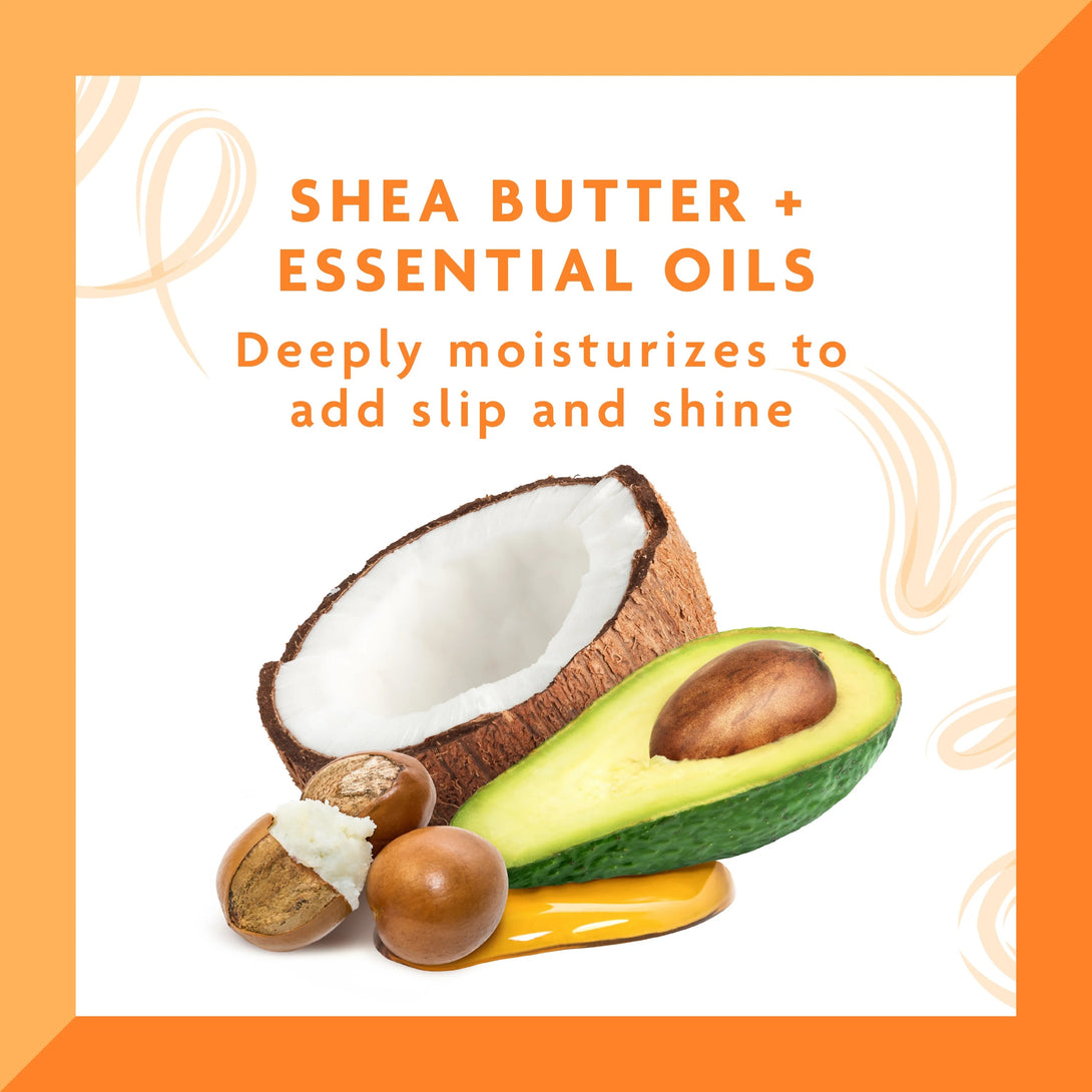 CANTU shea butter coconut curling cream image with halved coconut avocado shea nuts and oil promoting moisture