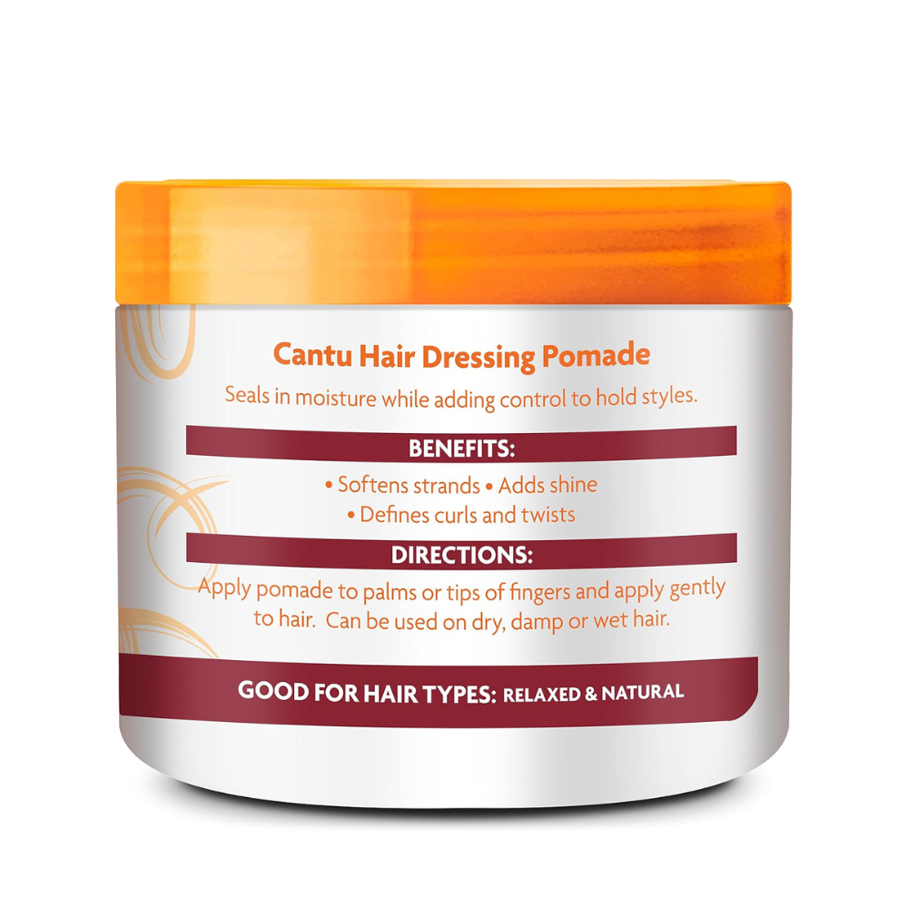 Cantu hair dressing pomade jar with orange lid shea butter hair pomade for defined shine