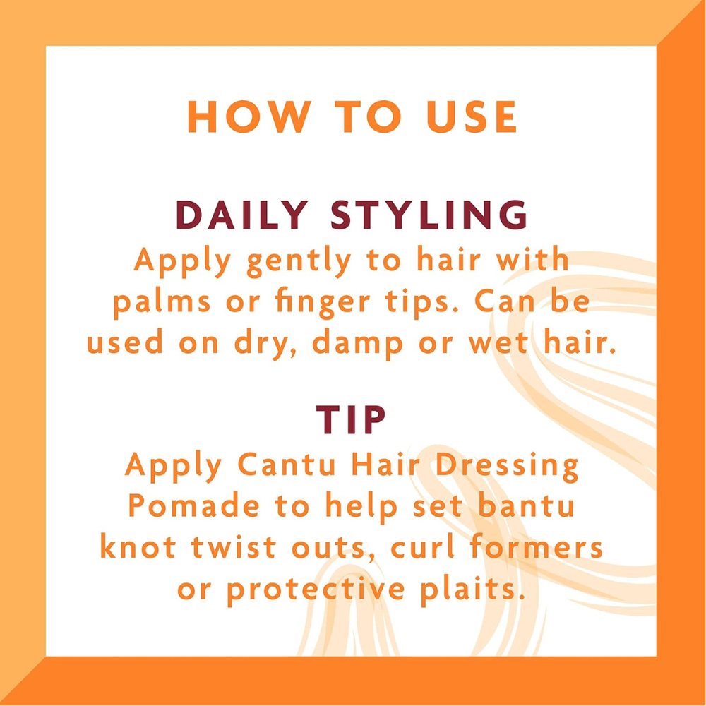Cantu shea butter hair pomade how to use label with daily styling and application instructions