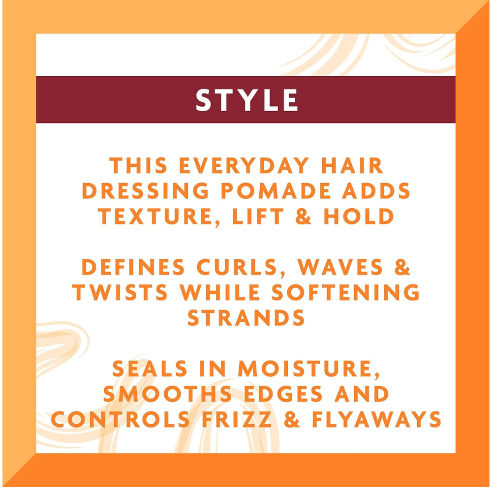 Cantu shea butter hair pomade label describing everyday styling pomade that adds texture lift and hold and defines curls
