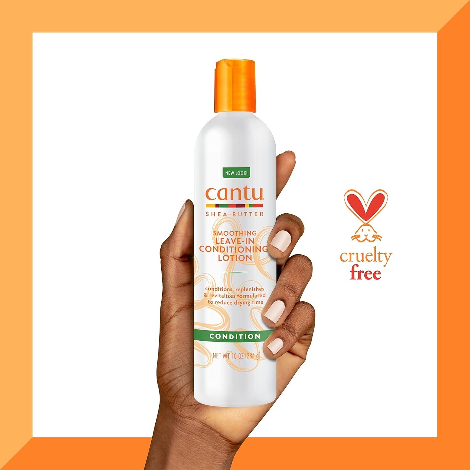 Cantu Shea Butter Leave-In Conditioner in a white bottle with orange cap held in hand for soft, moisturized hair