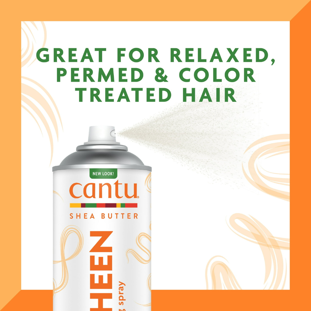 CANTU shea butter oil sheen spray can spraying over white background great for relaxed permed and color treated hair
